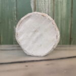 A round wheel of soft, white cheese with a bloomy rind sits upright on a marble surface in front of a green, wooden background.