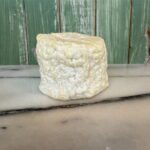 A cylindrical piece of soft, white, rind-covered cheese sits on a marble surface with a green wooden panel background.