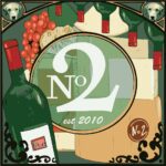 Artistic illustration for the Wine Tasting Experience Voucher, featuring wine bottles, bread, cheese, grapes, and a central circle with “No 2 est 2010.” Dog faces in the top corners and elegant borders complete the design.
